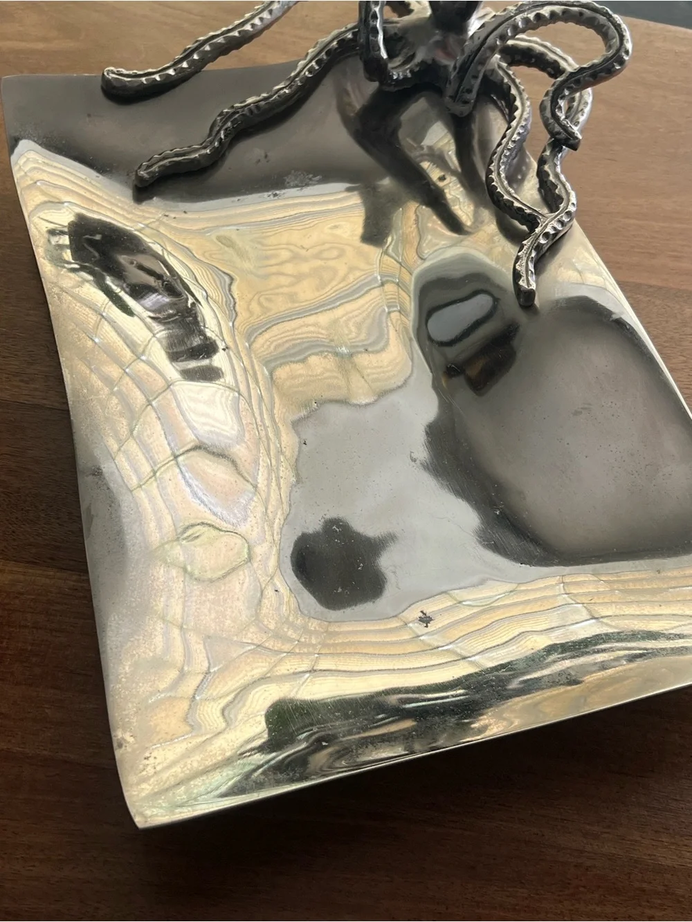 Vintage octopus silver metal rectangular tray serving bar platter made in India